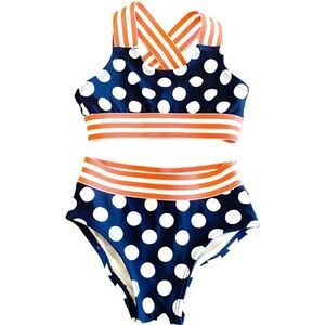 Wave Zone Bikini Navy Polka Dot Orange Striped Straps Waistband Infant Toddler S